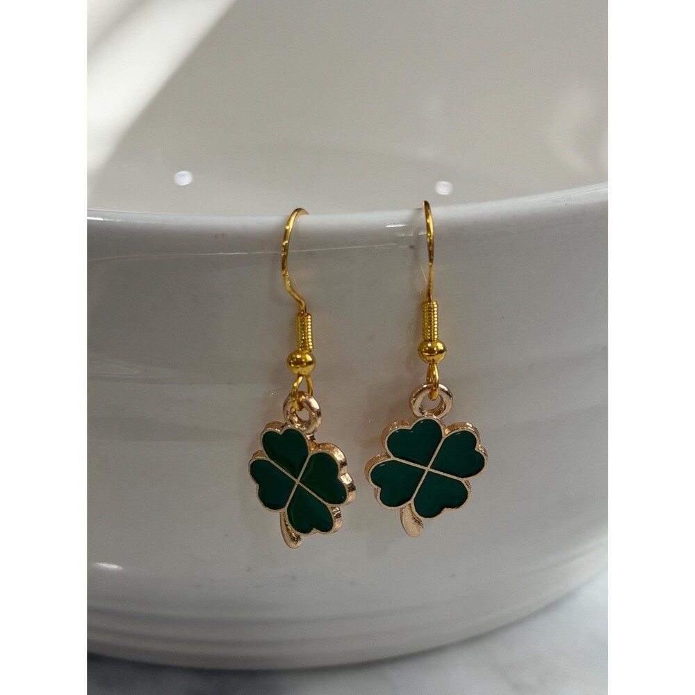 Emerald Green Clover Dangle Earrings, Gold Shamrock Jewelry